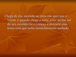 Chega de dia, esconde-se, pois não quer que o vejam, e quando chega a noite, à luz da lua, sai do seu esconderijo e começa a procurar essa lousa com que tinha insistentemente sonhado.  