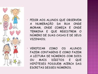 PEDIR AOS ALUNOS QUE OBSERVEM A NUMERAÇÃO DA RUA ONDE MORAM, ONDE COMEÇA E ONDE TERMINA E QUE REGISTREM O NÚMERO DE SUAS CASAS E DE SEUS VIZINHOS; VERIFICAR COMO OS ALUNOS FAZEM CONTAGENS E COMO FAZEM A LEITURA DE NÚMEROS COM DOIS OU MAIS DÍGITOS E QUE HIPÓTESES POSSUEM ACERCA DAS ESCRITAS DESSES NÚMEROS. 