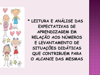 * LEITURA E ANÁLISE DAS EXPECTATIVAS DE APRENDIZAGEM EM RELAÇÃO AOS NÚMEROS E LEVANTAMENTO DE SITUAÇÕES DIDÁTICAS QUE CONTRIBUEM PARA O ALCANCE DAS MESMAS 