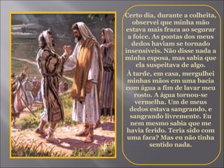 Certo dia, durante a colheita, observei que minha mão estava mais fraca ao segurar a foice. As pontas dos meus dedos haviam se tornado insensíveis. Não disse nada a minha esposa, mas sabia que ela suspeitava de algo. À tarde, em casa, mergulhei minhas mãos em uma bacia com água a fim de lavar meu rosto. A água tornou-se vermelha. Um de meus dedos estava sangrando, e sangrando livremente. Eu nem mesmo sabia que me havia ferido. Teria sido com uma faca? Mas eu não tinha sentido nada. 