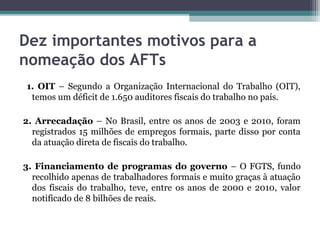 Dez importantes motivos para a
nomeação dos AFTs
1. OIT – Segundo a Organização Internacional do Trabalho (OIT),
 temos um déficit de 1.650 auditores fiscais do trabalho no país.

2. Arrecadação – No Brasil, entre os anos de 2003 e 2010, foram
  registrados 15 milhões de empregos formais, parte disso por conta
  da atuação direta de fiscais do trabalho.

3. Financiamento de programas do governo – O FGTS, fundo
  recolhido apenas de trabalhadores formais e muito graças à atuação
  dos fiscais do trabalho, teve, entre os anos de 2000 e 2010, valor
  notificado de 8 bilhões de reais.
 