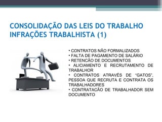CONSOLIDAÇÃO DAS LEIS DO TRABALHO
INFRAÇÕES TRABALHISTA (1)

              • CONTRATOS NÃO FORMALIZADOS
              • FALTA DE PAGAMENTO DE SALÁRIO
              • RETENCÃO DE DOCUMENTOS
              • ALICIAMENTO E RECRUTAMENTO DE
              TRABALHOR
              • CONTRATOS ATRAVÉS DE “GATOS”,
              PESSOA QUE RECRUTA E CONTRATA OS
              TRABALHADORES
              • CONTRATACÃO DE TRABALHADOR SEM
              DOCUMENTO
 