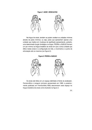 Figura 1: AZAR - DESCULPAS
Na língua de sinais, também se podem analisar as unidades mínimas
através de pares mínimos, ou seja, pares que apresentam apenas uma
unidade que implica em mudança de significado apresentando, portanto,
uma determinada função fonológica na língua. PEDRA e QUEIJO formam
um par mínimo na língua brasileira de sinais em que a única unidade que
difere nestes sinais é a configuração de mão, o movimento e o ponto de
articulação são os mesmos (ver figura 2):
Figura 2: PEDRA e QUEIJO
Os sinais são feitos em um espaço delimitado à frente do sinalizador.
Ferreira-Brito e Langevin (primeiro apresentado em 1988, e posterior-
mente publicado em Ferreira-Brito,1995) descreveram esse espaço na
lingua brasileira de sinais como ilustrado na figura 3.
 