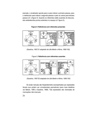 exemplo, o sinalizador aponta para si para indicar a primeira pessoa, para
o interlocutor para indicar a segunda pessoa e para os outros para terceira
pessoa (cf. a figura 4). Quando os referentes estão ausentes do discurso,
são estabelecidos pontos abstratos no espaço (cf. figura 5).
Figura 4: Referência com referentes presentes
(Quadros, 1997:51 adaptado de Lillo-Martin e Klima, 1990:192)
Figura 5: Referência com referentes ausentes
(Quadros, 1997:52 adaptado de Lillo-Martin e Klima, 1990:193)
Os sinais manuais são freqüentemente acompanhados por expressões
faciais que podem ser consideradas gramaticais (para mais detalhes
ver Bahan, 1995 e Quadros, 1999). Tais expressões são chamadas de
marcações não-manuais.
 