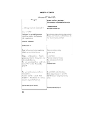 AMOSTRA DE DADOS
Intérprete AMY (julho/2001)
Português Língua brasileira de sinais -
Interpretação realizada pela intérprete
... sistema previamente selecionado E
o que eu tenho?
... ORGANIZAÇÃO ASPAS
SELECIONAR SELECIONAR <HN>
Aquilo que tem um significado para
mim. 0 que não tem significado, eu
não vou selecionar.
...........................................
TEM SINAL (SIGNIFICADO) MEU <HN> ASPAS TEM SINAL MEU
<HN> COLOCAR PEGAR COLOCAR PEGAR
Como se forma isso?
Então, como é?
Eu já tenho um conhecimento prévio e
adquiro um conhecimento novo.
AGORA CONHECER NOVO PRECISA
APRENDER MELHOR
:
Só que a realidade externa é diferente
para cada um de nós. Cada um tem uma
interpretação diferente.
Por isso, quando o professor nos dá aula,
cada um tem um foco diferenciado,
porquê?
EU LER ENTENDER
FABIANO LER ENTENDER DIFERENTE EU
DELA PESSOA SENTIMENTO DIFERENTE
VARIAR
ORGANIZAR PENSAR
Por que nós interpretamos conforme
nosso sistema.
Eu estou fazendo o curso de direito
também. E a dificuldade se dá e como o
esquema foi possível fazer tudo.
Eu CURSO DIREITO. ANTES DIFÍCIL ESTUDAR.
DEPOIS COMEÇAR ORGANIZAR E-S-Q-U-E-M-A
MELHOR PORQUE EU COMEÇAR ORGANIZAR MEU
ESTUDO
Alguém tem alguma dúvida?
ELE PERGUNTAR TEM DÚVIDA <?>
 