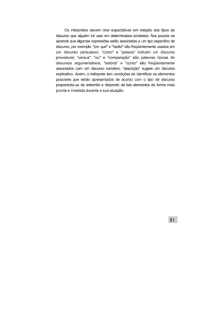 Os intérpretes devem criar expectativas em relação aos tipos de
discurso que alguém irá usar em determinados contextos. Aos poucos se
aprende que algumas expressões estão associadas a um tipo específico de
discurso, por exemplo, "por que" e "razão" são freqüentemente usados em
um discurso persuasivo; "como" e "passos" indicam um discurso
procedural; "versus", "ou" e "comparação" são palavras típicas de
discursos argumentativos; "estória" e "conto" são freqüentemente
associados com um discurso narrativo; "descrição" sugere um discurso
explicativo. Assim, o intérprete tem condições de identificar os elementos
possíveis que serão apresentados de acordo com o tipo de discurso
preparando-se de antemão e dispondo de tais elementos de forma mais
pronta e imediata durante a sua atuação.
 