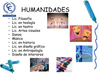 HUMANIDADES Lic. Filosofía Lic. en teología Lic. en teatro Lic. Artes visuales Danza Música Lic. en historia Lic. en diseño gráfico Lic. en Antropología Diseño de interiores 