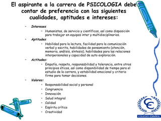 El aspirante a la carrera de PSICOLOGIA debe contar de preferencia con las siguientes cualidades, aptitudes e intereses: Intereses : Humanistas, de servicio y científicos, así como disposición para trabajar en equipos inter y multidisciplinarios.  Aptitudes : Habilidad para la lectura, facilidad para la comunicación verbal y escrita, habilidades de pensamiento (atención, memoria, análisis, síntesis), habilidades para las relaciones interpersonales y capacidad de auto exploración. Actitudes: Empatía, respeto, responsabilidad y tolerancia, entre otros principios éticos, así como disponibilidad de tiempo para el estudio de la carrera, y estabilidad emocional y criterio firme para tomar decisiones.  Valores:   Responsabilidad social y personal  Congruencia  Innovación  Salud integral  Calidad  Espíritu crítico  Creatividad 