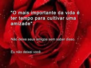 "O mais importante da vida é"O mais importante da vida é
ter tempo para cultivar umater tempo para cultivar uma
amizade".amizade".
Não deixe seus amigos sem saber disso.Não deixe seus amigos sem saber disso.
Eu não deixei você...Eu não deixei você...
 
