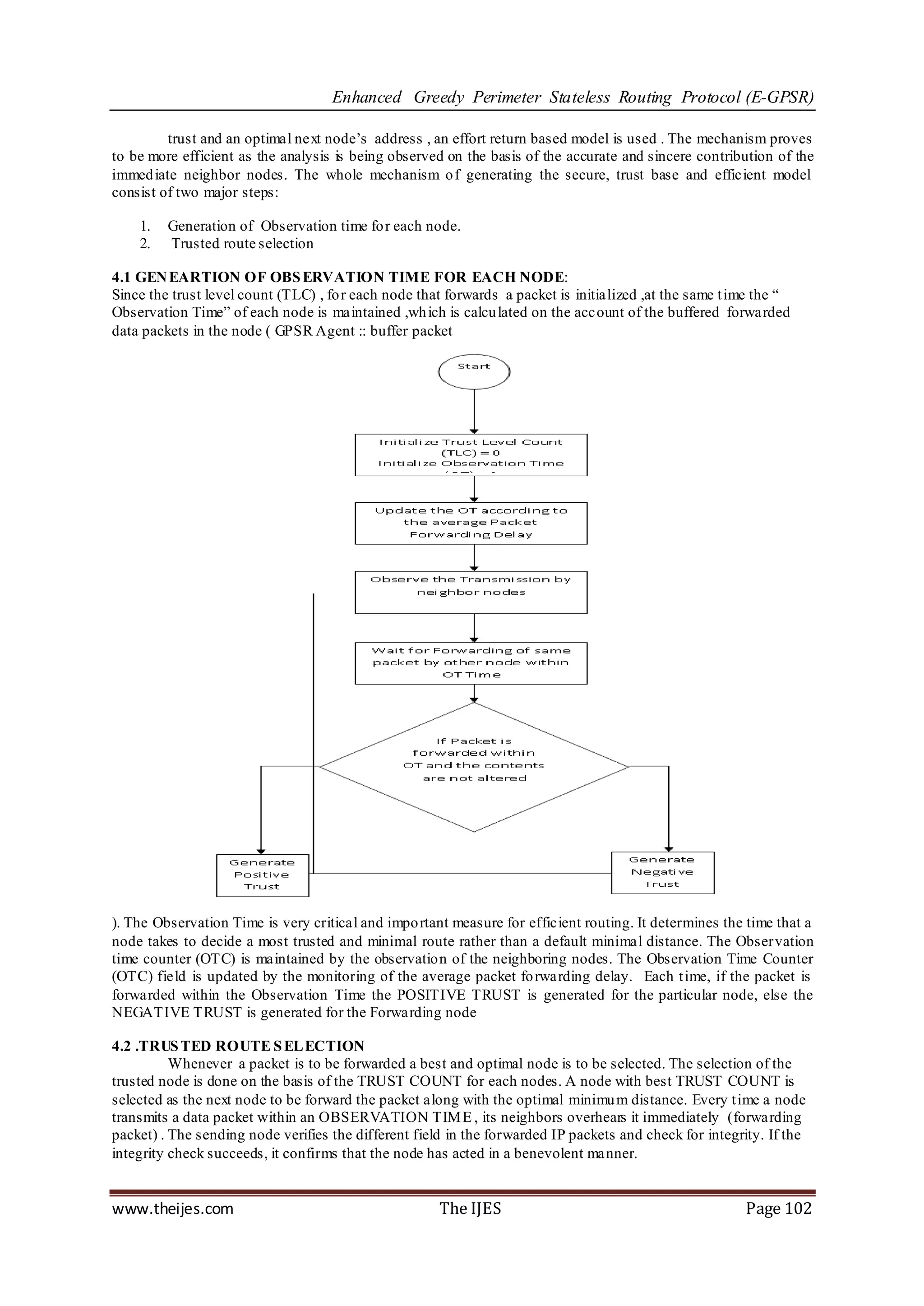 Enhanced Greedy Perimeter Stateless Routing Protocol (E-GPSR)

         trust and an optimal next node‟s address , an effort return based model is used . The mechanism proves
to be more efficient as the analysis is being observed on the basis of the accurate and sincere contribution of the
immed iate neighbor nodes. The whole mechanism o f generating the secure, trust base and efficient model
consist of two major steps:

    1.   Generation of Observation time fo r each node.
    2.   Trusted route selection

4.1 GEN EARTION OF OBS ERVATION TIME FOR EACH NODE:
Since the trust level count (TLC) , fo r each node that forwards a packet is initialized ,at the same t ime the “
Observation Time” of each node is maintained ,wh ich is calcu lated on the acc ount of the buffered forwarded
data packets in the node ( GPSR Agent :: buffer packet




). The Observation Time is very critical and impo rtant measure for efficient routing. It determines the time that a
node takes to decide a most trusted and minimal route rather than a default minimal distance. The Observation
time counter (OTC) is maintained by the observation of the neighboring nodes. The Observation Time Counter
(OTC) field is updated by the monitoring of the average packet fo rwarding delay. Each t ime, if the packet is
forwarded within the Observation Time the POSITIVE TRUST is generated for the particular node, else the
NEGATIVE TRUST is generated for the Forwarding node

4.2 .TRUS TED ROUTE S EL ECTION
          Whenever a packet is to be forwarded a best and optimal node is to be selected. The selection of the
trusted node is done on the basis of the TRUST COUNT for each nodes. A node with best TRUST COUNT is
selected as the next node to be forward the packet along with the optimal minimu m distance. Every t ime a node
transmits a data packet within an OBSERVATION TIM E , its neighbors overhears it immediately (forwarding
packet) . The sending node verifies the different field in the forwarded IP packets and check for integrity. If the
integrity check succeeds, it confirms that the node has acted in a benevolent manner.


www.theijes.com                                       The IJES                                           Page 102
 