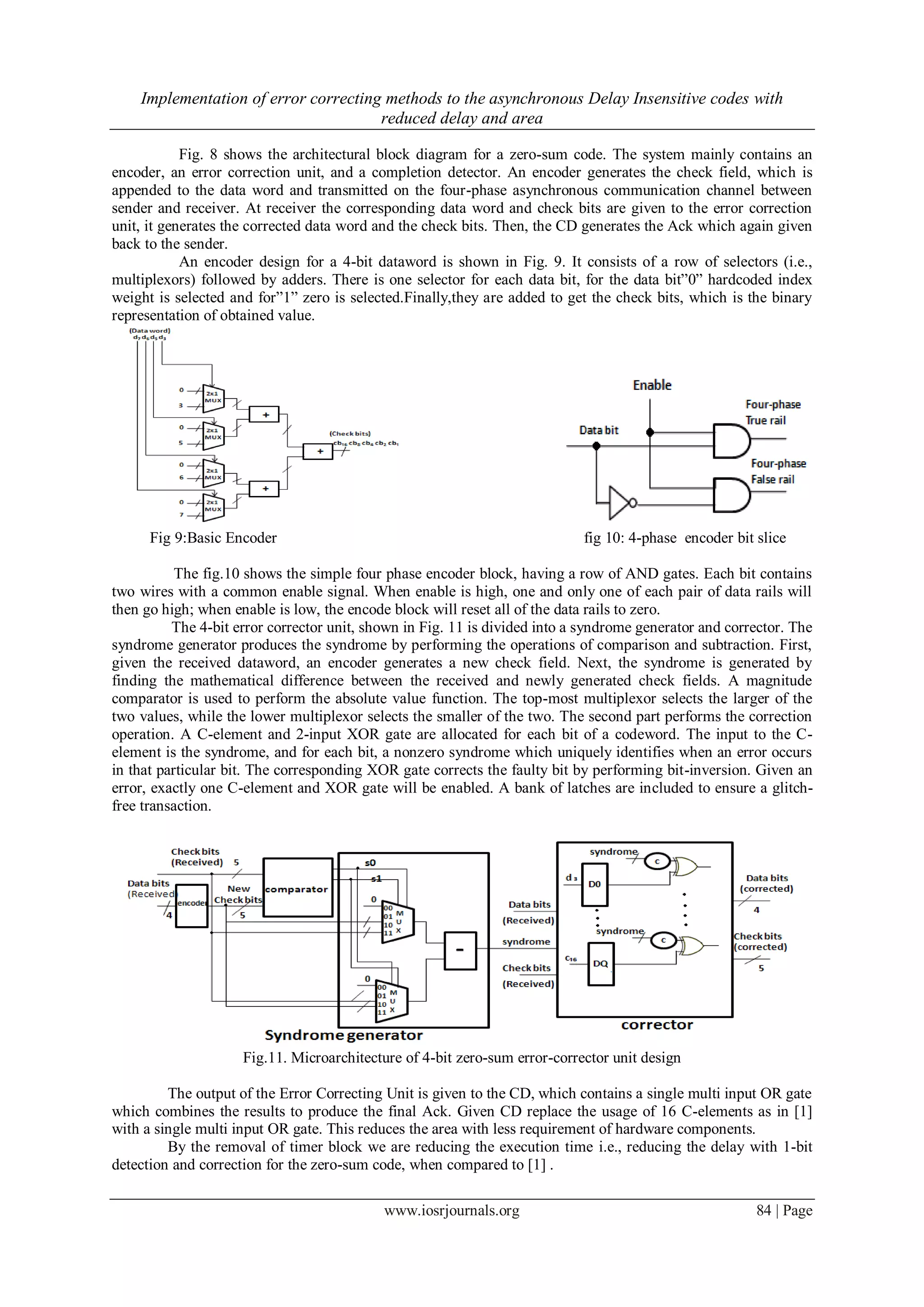 Implementation of error correcting methods to the asynchronous Delay Insensitive codes with reduced delay and area www.iosrjournals.org 84 | Page Fig. 8 shows the architectural block diagram for a zero-sum code. The system mainly contains an encoder, an error correction unit, and a completion detector. An encoder generates the check field, which is appended to the data word and transmitted on the four-phase asynchronous communication channel between sender and receiver. At receiver the corresponding data word and check bits are given to the error correction unit, it generates the corrected data word and the check bits. Then, the CD generates the Ack which again given back to the sender. An encoder design for a 4-bit dataword is shown in Fig. 9. It consists of a row of selectors (i.e., multiplexors) followed by adders. There is one selector for each data bit, for the data bit”0” hardcoded index weight is selected and for”1” zero is selected.Finally,they are added to get the check bits, which is the binary representation of obtained value. Fig 9:Basic Encoder fig 10: 4-phase encoder bit slice The fig.10 shows the simple four phase encoder block, having a row of AND gates. Each bit contains two wires with a common enable signal. When enable is high, one and only one of each pair of data rails will then go high; when enable is low, the encode block will reset all of the data rails to zero. The 4-bit error corrector unit, shown in Fig. 11 is divided into a syndrome generator and corrector. The syndrome generator produces the syndrome by performing the operations of comparison and subtraction. First, given the received dataword, an encoder generates a new check field. Next, the syndrome is generated by finding the mathematical difference between the received and newly generated check fields. A magnitude comparator is used to perform the absolute value function. The top-most multiplexor selects the larger of the two values, while the lower multiplexor selects the smaller of the two. The second part performs the correction operation. A C-element and 2-input XOR gate are allocated for each bit of a codeword. The input to the C- element is the syndrome, and for each bit, a nonzero syndrome which uniquely identifies when an error occurs in that particular bit. The corresponding XOR gate corrects the faulty bit by performing bit-inversion. Given an error, exactly one C-element and XOR gate will be enabled. A bank of latches are included to ensure a glitch- free transaction. Fig.11. Microarchitecture of 4-bit zero-sum error-corrector unit design The output of the Error Correcting Unit is given to the CD, which contains a single multi input OR gate which combines the results to produce the final Ack. Given CD replace the usage of 16 C-elements as in [1] with a single multi input OR gate. This reduces the area with less requirement of hardware components. By the removal of timer block we are reducing the execution time i.e., reducing the delay with 1-bit detection and correction for the zero-sum code, when compared to [1] . 