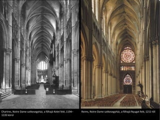 Chartres, Notre Dame székesegyház, a főhajó Kelet felé, 1194–1220 körül Reims, Notre Dame székesegyház, a főhajó Nyugat felé, 1211-től 
