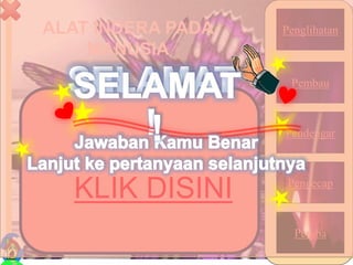 ALAT INDERA PADA
MANUSIA
28
Penglihatan
Pembau
Pendengar
Pengecap
Peraba
KLIK DISINI
 