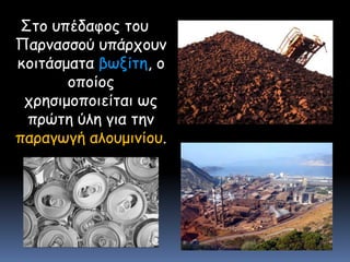 Στο υπέδαφος του Παρνασσού υπάρχουν κοιτάσματα βωξίτη, ο οποίος χρησιμοποιείται ως πρώτη ύλη για την παραγωγή αλουμινίου.