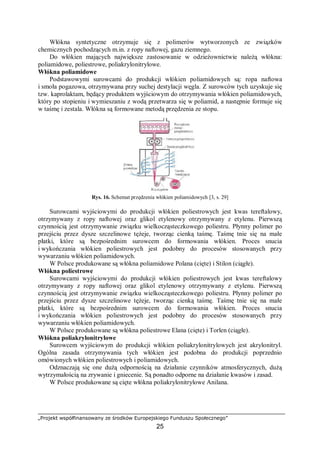 „Projekt współfinansowany ze środków Europejskiego Funduszu Społecznego”
25
Włókna syntetyczne otrzymuje się z polimerów wytworzonych ze związków
chemicznych pochodzących m.in. z ropy naftowej, gazu ziemnego.
Do włókien mających największe zastosowanie w odzieżownictwie należą włókna:
poliamidowe, poliestrowe, poliakrylonitrylowe.
Włókna poliamidowe
Podstawowymi surowcami do produkcji włókien poliamidowych są: ropa naftowa
i smoła pogazowa, otrzymywana przy suchej destylacji węgla. Z surowców tych uzyskuje się
tzw. kaprolaktam, będący produktem wyjściowym do otrzymywania włókien poliamidowych,
który po stopieniu i wymieszaniu z wodą przetwarza się w poliamid, a następnie formuje się
w taśmę i zestala. Włókna są formowane metodą przędzenia ze stopu.
Rys. 16. Schemat przędzenia włókien poliamidowych [3, s. 29]
Surowcami wyjściowymi do produkcji włókien poliestrowych jest kwas tereftalowy,
otrzymywany z ropy naftowej oraz glikol etylenowy otrzymywany z etylenu. Pierwszą
czynnością jest otrzymywanie związku wielkocząsteczkowego poliestru. Płynny polimer po
przejściu przez dysze szczelinowe tężeje, tworząc cienką taśmę. Taśmę tnie się na małe
płatki, które są bezpośrednim surowcem do formowania włókien. Proces snucia
i wykończania włókien poliestrowych jest podobny do procesów stosowanych przy
wywarzaniu włókien poliamidowych.
W Polsce produkowane są włókna poliamidowe Polana (cięte) i Stilon (ciągłe).
Włókna poliestrowe
Surowcami wyjściowymi do produkcji włókien poliestrowych jest kwas tereftalowy
otrzymywany z ropy naftowej oraz glikol etylenowy otrzymywany z etylenu. Pierwszą
czynnością jest otrzymywanie związku wielkocząsteczkowego poliestru. Płynny polimer po
przejściu przez dysze szczelinowe tężeje, tworząc cienką taśmę. Taśmę tnie się na małe
płatki, które są bezpośrednim surowcem do formowania włókien. Proces snucia
i wykończania włókien poliestrowych jest podobny do procesów stosowanych przy
wywarzaniu włókien poliamidowych.
W Polsce produkowane są włókna poliestrowe Elana (cięte) i Torlen (ciągłe).
Włókna poliakrylonitrylowe
Surowcem wyjściowym do produkcji włókien poliakrylonitrylowych jest akrylonitryl.
Ogólna zasada otrzymywania tych włókien jest podobna do produkcji poprzednio
omówionych włókien poliestrowych i poliamidowych.
Odznaczają się one dużą odpornością na działanie czynników atmosferycznych, dużą
wytrzymałością na zrywanie i gniecenie. Są ponadto odporne na działanie kwasów i zasad.
W Polsce produkowane są cięte włókna poliakrylonitrylowe Anilana.
 