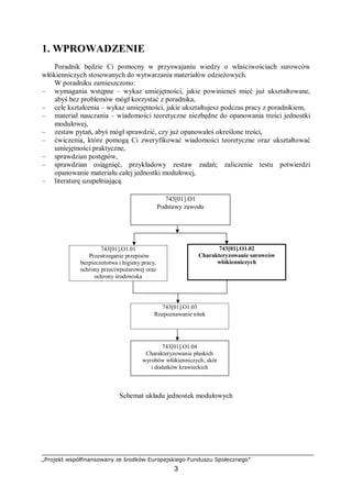 „Projekt współfinansowany ze środków Europejskiego Funduszu Społecznego”
3
1. WPROWADZENIE
Poradnik będzie Ci pomocny w przyswajaniu wiedzy o właściwościach surowców
włókienniczych stosowanych do wytwarzania materiałów odzieżowych.
W poradniku zamieszczono:
– wymagania wstępne – wykaz umiejętności, jakie powinieneś mieć już ukształtowane,
abyś bez problemów mógł korzystać z poradnika,
– cele kształcenia – wykaz umiejętności, jakie ukształtujesz podczas pracy z poradnikiem,
– materiał nauczania – wiadomości teoretyczne niezbędne do opanowania treści jednostki
modułowej,
– zestaw pytań, abyś mógł sprawdzić, czy już opanowałeś określone treści,
– ćwiczenia, które pomogą Ci zweryfikować wiadomości teoretyczne oraz ukształtować
umiejętności praktyczne,
– sprawdzian postępów,
– sprawdzian osiągnięć, przykładowy zestaw zadań; zaliczenie testu potwierdzi
opanowanie materiału całej jednostki modułowej,
– literaturę uzupełniającą.
Schemat układu jednostek modułowych
743[01].O1.01
Przestrzeganie przepisów
bezpieczeństwa i higieny pracy,
ochrony przeciwpożarowej oraz
ochrony środowiska
743[01].O1
Podstawy zawodu
743[01].O1.03
Rozpoznawanie nitek
743[01].O1.02
Charakteryzowanie surowców
włókienniczych
743[01].O1.04
Charakteryzowanie płaskich
wyrobów włókienniczych, skór
i dodatków krawieckich
 