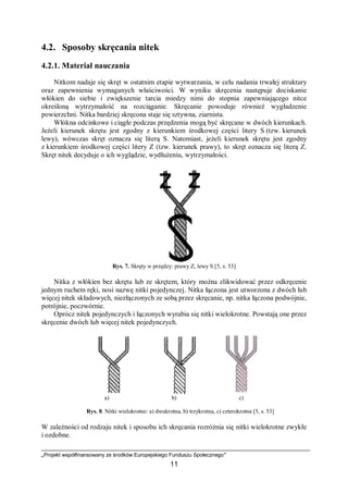 „Projekt współfinansowany ze środków Europejskiego Funduszu Społecznego”
11
4.2. Sposoby skręcania nitek
4.2.1. Materiał nauczania
Nitkom nadaje się skręt w ostatnim etapie wytwarzania, w celu nadania trwałej struktury
oraz zapewnienia wymaganych właściwości. W wyniku skręcenia następuje dociskanie
włókien do siebie i zwiększenie tarcia miedzy nimi do stopnia zapewniającego nitce
określoną wytrzymałość na rozciąganie. Skręcanie powoduje również wygładzenie
powierzchni. Nitka bardziej skręcona staje się sztywna, ziarnista.
Włókna odcinkowe i ciągłe podczas przędzenia mogą być skręcane w dwóch kierunkach.
Jeżeli kierunek skrętu jest zgodny z kierunkiem środkowej części litery S (tzw. kierunek
lewy), wówczas skręt oznacza się literą S. Natomiast, jeżeli kierunek skrętu jest zgodny
z kierunkiem środkowej części litery Z (tzw. kierunek prawy), to skręt oznacza się literą Z.
Skręt nitek decyduje o ich wyglądzie, wydłużeniu, wytrzymałości.
Rys. 7. Skręty w przędzy: prawy Z, lewy S [5, s. 53]
Nitka z włókien bez skrętu lub ze skrętem, który można zlikwidować przez odkręcenie
jednym ruchem ręki, nosi nazwę nitki pojedynczej. Nitka łączona jest utworzona z dwóch lub
więcej nitek składowych, niezłączonych ze sobą przez skręcanie, np. nitka łączona podwójnie,
potrójnie, poczwórnie.
Oprócz nitek pojedynczych i łączonych wyrabia się nitki wielokrotne. Powstają one przez
skręcenie dwóch lub więcej nitek pojedynczych.
a) b) c)
Rys. 8. Nitki wielokrotne: a) dwukrotna, b) trzykrotna, c) czterokrotna [5, s. 53]
W zależności od rodzaju nitek i sposobu ich skręcania rozróżnia się nitki wielokrotne zwykłe
i ozdobne.
 