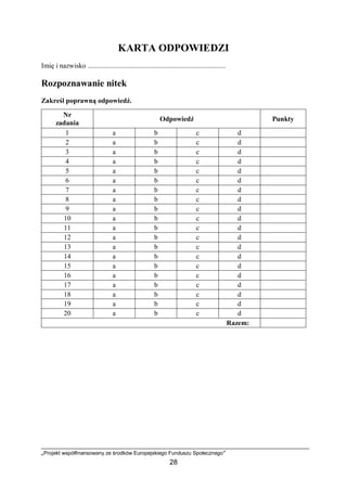 „Projekt współfinansowany ze środków Europejskiego Funduszu Społecznego”
28
KARTA ODPOWIEDZI
Imię i nazwisko ...............................................................................
Rozpoznawanie nitek
Zakreśl poprawną odpowiedź.
Nr
zadania
Odpowiedź Punkty
1 a b c d
2 a b c d
3 a b c d
4 a b c d
5 a b c d
6 a b c d
7 a b c d
8 a b c d
9 a b c d
10 a b c d
11 a b c d
12 a b c d
13 a b c d
14 a b c d
15 a b c d
16 a b c d
17 a b c d
18 a b c d
19 a b c d
20 a b c d
Razem:
 