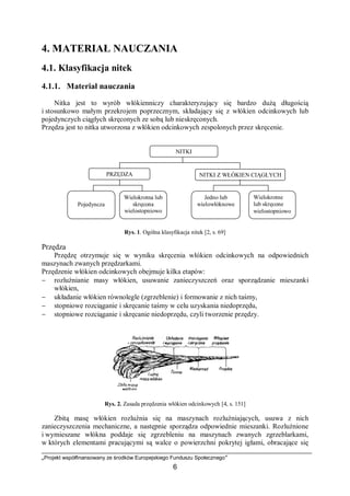 „Projekt współfinansowany ze środków Europejskiego Funduszu Społecznego”
6
4. MATERIAŁ NAUCZANIA
4.1. Klasyfikacja nitek
4.1.1. Materiał nauczania
Nitka jest to wyrób włókienniczy charakteryzujący się bardzo dużą długością
i stosunkowo małym przekrojem poprzecznym, składający się z włókien odcinkowych lub
pojedynczych ciągłych skręconych ze sobą lub nieskręconych.
Przędza jest to nitka utworzona z włókien odcinkowych zespolonych przez skręcenie.
Rys. 1. Ogólna klasyfikacja nitek [2, s. 69]
Przędza
Przędzę otrzymuje się w wyniku skręcenia włókien odcinkowych na odpowiednich
maszynach zwanych przędzarkami.
Przędzenie włókien odcinkowych obejmuje kilka etapów:
− rozluźnianie masy włókien, usuwanie zanieczyszczeń oraz sporządzanie mieszanki
włókien,
− układanie włókien równolegle (zgrzeblenie) i formowanie z nich taśmy,
− stopniowe rozciąganie i skręcanie taśmy w celu uzyskania niedoprzędu,
− stopniowe rozciąganie i skręcanie niedoprzędu, czyli tworzenie przędzy.
Rys. 2. Zasada przędzenia włókien odcinkowych [4, s. 151]
Zbitą masę włókien rozluźnia się na maszynach rozluźniających, usuwa z nich
zanieczyszczenia mechaniczne, a następnie sporządza odpowiednie mieszanki. Rozluźnione
i wymieszane włókna poddaje się zgrzebleniu na maszynach zwanych zgrzeblarkami,
w których elementami pracującymi są walce o powierzchni pokrytej igłami, obracające się
NITKI
PRZĘDZA NITKI Z WŁÓKIEN CIĄGŁYCH
Wielokrotna lub
skręcona
wielostopniowo
o
Pojedyncza
Jedno lub
wielowłóknowe
Wielokrotne
lub skręcone
wielostopniowo
 