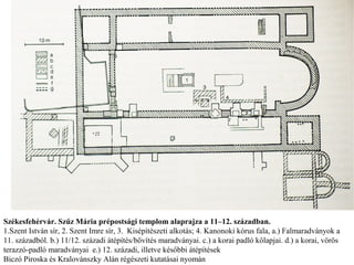 Székesfehérvár. Szűz Mária prépostsági templom alaprajza a 11–12. században.
1.Szent István sír, 2. Szent Imre sír, 3. Kisépítészeti alkotás; 4. Kanonoki kórus fala, a.) Falmaradványok a
11. századból. b.) 11/12. századi átépítés/bővítés maradványai. c.) a korai padló kőlapjai. d.) a korai, vörös
terazzó-padló maradványai e.) 12. századi, illetve későbbi átépítések
Biczó Piroska és Kralovánszky Alán régészeti kutatásai nyomán
 