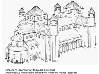 Hildesheim, Szent Mihály-templom 1030 körül,
(Axonometrikus rekonstrukció, Dethard von Winterfeld, Werner Jacobsen)
 