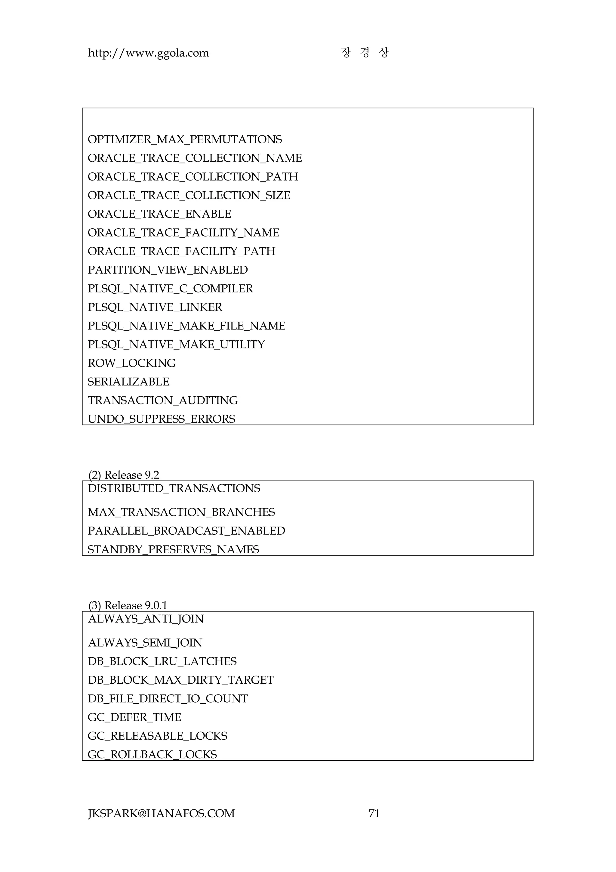 http://www.ggola.com           장 경 상




OPTIMIZER_MAX_PERMUTATIONS
ORACLE_TRACE_COLLECTION_NAME
ORACLE_TRACE_COLLECTION_PATH
ORACLE_TRACE_COLLECTION_SIZE
ORACLE_TRACE_ENABLE
ORACLE_TRACE_FACILITY_NAME
ORACLE_TRACE_FACILITY_PATH
PARTITION_VIEW_ENABLED
PLSQL_NATIVE_C_COMPILER
PLSQL_NATIVE_LINKER
PLSQL_NATIVE_MAKE_FILE_NAME
PLSQL_NATIVE_MAKE_UTILITY
ROW_LOCKING
SERIALIZABLE
TRANSACTION_AUDITING
UNDO_SUPPRESS_ERRORS



(2) Release 9.2
DISTRIBUTED_TRANSACTIONS

MAX_TRANSACTION_BRANCHES
PARALLEL_BROADCAST_ENABLED
STANDBY_PRESERVES_NAMES



(3) Release 9.0.1
ALWAYS_ANTI_JOIN

ALWAYS_SEMI_JOIN
DB_BLOCK_LRU_LATCHES
DB_BLOCK_MAX_DIRTY_TARGET
DB_FILE_DIRECT_IO_COUNT
GC_DEFER_TIME
GC_RELEASABLE_LOCKS
GC_ROLLBACK_LOCKS




JKSPARK@HANAFOS.COM              71
 