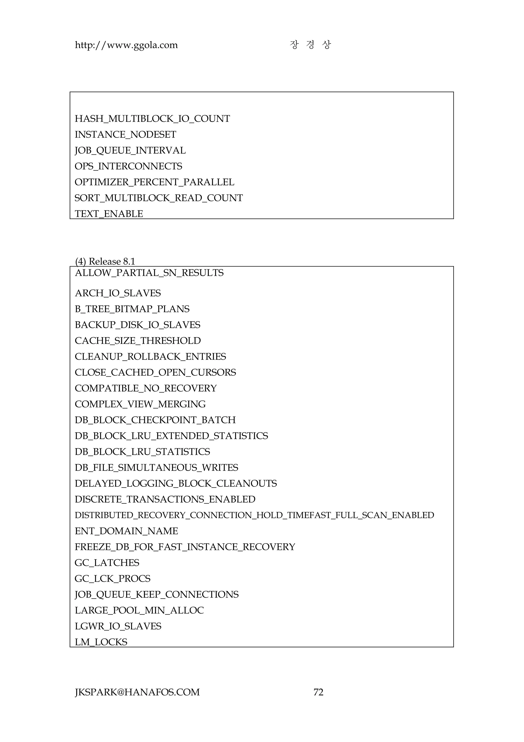 http://www.ggola.com                 장 경 상




HASH_MULTIBLOCK_IO_COUNT
INSTANCE_NODESET
JOB_QUEUE_INTERVAL
OPS_INTERCONNECTS
OPTIMIZER_PERCENT_PARALLEL
SORT_MULTIBLOCK_READ_COUNT
TEXT_ENABLE



(4) Release 8.1
ALLOW_PARTIAL_SN_RESULTS

ARCH_IO_SLAVES
B_TREE_BITMAP_PLANS
BACKUP_DISK_IO_SLAVES
CACHE_SIZE_THRESHOLD
CLEANUP_ROLLBACK_ENTRIES
CLOSE_CACHED_OPEN_CURSORS
COMPATIBLE_NO_RECOVERY
COMPLEX_VIEW_MERGING
DB_BLOCK_CHECKPOINT_BATCH
DB_BLOCK_LRU_EXTENDED_STATISTICS
DB_BLOCK_LRU_STATISTICS
DB_FILE_SIMULTANEOUS_WRITES
DELAYED_LOGGING_BLOCK_CLEANOUTS
DISCRETE_TRANSACTIONS_ENABLED
DISTRIBUTED_RECOVERY_CONNECTION_HOLD_TIMEFAST_FULL_SCAN_ENABLED
ENT_DOMAIN_NAME
FREEZE_DB_FOR_FAST_INSTANCE_RECOVERY
GC_LATCHES
GC_LCK_PROCS
JOB_QUEUE_KEEP_CONNECTIONS
LARGE_POOL_MIN_ALLOC
LGWR_IO_SLAVES
LM_LOCKS




JKSPARK@HANAFOS.COM                      72
 