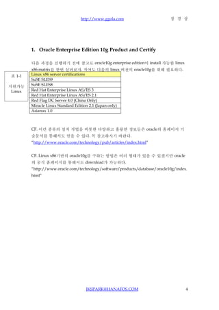 http://www.ggola.com                        장 경 상




         1. Oracle Enterprise Edition 10g Product and Certify

         다음 과정을 진행하기 전에 참고로 oracle10g enterprise edition이 install 가능한 linux
         x86 matrix를 한번 살펴보자. 적어도 다음의 linux 버전이 oracle10g를 위해 필요하다.
 표 1-1   Linux x86 server certifications
         SuSE SLES9
지원가능     SuSE SLES8
 Linux   Red Hat Enterprise Linux AS/ES 3
         Red Hat Enterprise Linux AS/ES 2.1
         Red Flag DC Server 4.0 (China Only)
         Miracle Linux Standard Edition 2.1 (Japan only)
         Asianux 1.0



         CF. 이런 종류의 설치 작업을 비롯한 다양하고 훌륭한 정보들은 oracle의 홈페이지 기
         술문서를 통해서도 얻을 수 있다. 꼭 참고하시기 바란다.
         “http://www.oracle.com/technology/pub/articles/index.html”


         CF. Linux x86기반의 oracle10g를 구하는 방법은 여러 형태가 있을 수 있겠지만 oracle
         의 공식 홈페이지를 통해서도 download가 가능하다.
         “http://www.oracle.com/technology/software/products/database/oracle10g/index.
         html”




                                    JKSPARK@HANAFOS.COM                              4
 