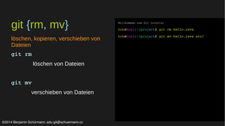 git {rm, mv} 
löschen, kopieren, verschieben von 
Dateien 
git rm 
löschen von Dateien 
git mv 
verschieben von Dateien 
Willkommen zum Git tutorial 
bob@host:~/project$ git rm hello.java 
bob@host:~/project$ git mv hello.java src/ 
©2014 Benjamin Schürmann, edu-git@schuermann.cc 
 