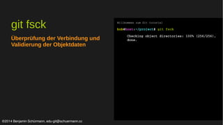 git fsck 
Überprüfung der Verbindung und 
Validierung der Objektdaten 
Willkommen zum Git tutorial 
bob@host:~/project$ git fsck 
Checking object directories: 100% (256/256), 
done. 
©2014 Benjamin Schürmann, edu-git@schuermann.cc 
 