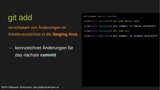git add 
verschieben von Änderungen im 
Arbeitsverzeichnis in die Staging Area 
→ kennzeichnet Änderungen für 
das nächste commit 
Willkommen zum Git tutorial 
bob@host:~/project$ git add hello.java 
bob@host:~/project$ git commit ­m 
"datei erstellt" 
bob@host:~/project$ git add src 
bob@host:~/project$ git commit ­m 
"ordner erstellt" 
©2014 Benjamin Schürmann, edu-git@schuermann.cc 
 