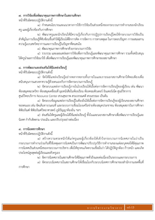 ก า ร บ ริ ห า ร ง า น วิ ช า ก า ร หน้า 13
7. การวิจัยเพื่อพัฒนาคุณภาพการศึกษาในสถานศึกษา
หน้าที่รับผิดชอบปฏิบัติงานดังนี้
1) กาหนดนโยบายและแนวทางการใช้การวิจัยเป็นส่วนหนึ่งของกระบวนการทางานของนักเรียน
ครู และผู้เกี่ยวข้องกับการศึกษา
2) พัฒนาครูและนักเรียนให้มีความรู้เกี่ยวกับการปฏิรูปการเรียนรู้โดยใช้กระบวนการวิจัยเป็น
สาคัญในการเรียนรู้ที่ซับซ้อนขึ้นทาให้ผู้เรียนได้ฝึกการคิด การจัดการ การหาเหตุผล ในการตอบปัญหา การผสมผสาน
ความรู้แบบสหวิทยาการและการเรียนรู้ในปัญหาที่ตนสนใจ
3) พัฒนาคุณภาพการศึกษาด้วยกระบวนการวิจัย
4) รวบรวม และเผยแพร่ผลการวิจัยเพื่อการเรียนรู้และพัฒนาคุณภาพการศึกษา รวมทั้งสนับสนุน
ให้ครูนาผลการวิจัยมาใช้ เพื่อพัฒนาการเรียนรู้และพัฒนาคุณภาพการศึกษาของสถานศึกษา
8. การพัฒนาและส่งเสริมให้มีแหล่งเรียนรู้
หน้าที่รับผิดชอบปฏิบัติงานดังนี้
1) จัดให้มีแหล่งเรียนรู้อย่างหลากหลายทั้งภายในและภายนอกสถานศึกษาให้พอเพียงเพื่อ
สนับสนุนการแสวงหาความรู้ด้วยตนเองกับการจัดกระบวนการเรียนรู้
2) จัดระบบแหล่งการเรียนรู้ภายในโรงเรียนให้เอื้อต่อการจัดการเรียนรู้ของผู้เรียน เช่น พัฒนา
ห้องสมุดหมวดวิชา ห้องสมุดเคลื่อนที่ มุมหนังสือในห้องเรียน ห้องคอมพิวเตอร์ อินเตอร์เน็ต ศูนย์วิชาการ
ศูนย์วิทยบริการ Resource Center สวนสุขภาพ สวนวรรณคดี สวนธรรมะ เป็นต้น
3) จัดระบบข้อมูลแหล่งการเรียนรู้ในท้องถิ่นให้เอื้อต่อการจัดการเรียนรู้ของผู้เรียนของสถานศึกษา
ของตนเอง เช่น จัดเส้นทาง/แผนที่ และระบบการเชื่อมโยงเครือข่ายห้องสมุดประชาชน ห้องสมุดสถาบันการศึกษา
พิพิธภัณฑ์ พิพิธภัณฑ์วิทยาศาสตร์ ภูมิปัญญาท้องถิ่น ฯลฯ
4) ส่งเสริมให้ครูและผู้เรียนได้ใช้แหล่งเรียนรู้ ทั้งในและนอกสถานศึกษาเพื่อพัฒนาการเรียนรู้และ
นิเทศ กากับติดตาม ประเมิน และปรับปรุงอย่างต่อเนื่อง
9. การนิเทศการศึกษา
หน้าที่รับผิดชอบปฏิบัติงานดังนี้
1) สร้างความตระหนักให้แก่ครูและผู้เกี่ยวข้องให้เข้าใจกระบวนการนิเทศภายในว่าเป็น
กระบวนการทางานร่วมกันที่ใช้เหตุผลการนิเทศเป็นการพัฒนาปรับปรุงวิธีการทางานของแต่ละบุคคลให้มีคุณภาพ
การนิเทศเป็นส่วนหนึ่งของกระบวนการบริหาร เพื่อให้ทุกคนเกิดความเชื่อมั่นว่า ได้ปฏิบัติถูกต้อง ก้าวหน้า และเกิด
ประโยชน์สูงสุดต่อผู้เรียนและตัวครูเอง
2) จัดการนิเทศภายในสถานศึกษาให้มีคุณภาพทั่วถึงและต่อเนื่องเป็นระบบและกระบวนการ
3) จัดระบบนิเทศภายในสถานศึกษาให้เชื่อมโยงกับระบบนิเทศการศึกษาของสานักงานเขตพื้นที่
การศึกษา
 