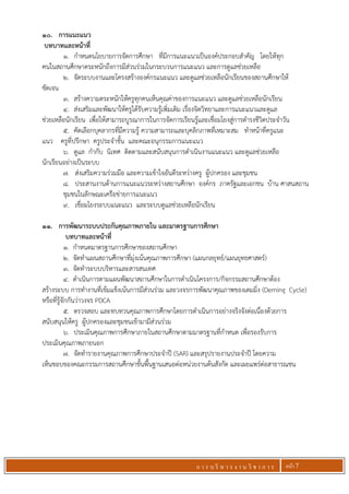 ก า ร บ ริ ห า ร ง า น วิ ช า ก า ร หน้า 7
10. การแนะแนว
บทบาทและหน้าที่
1. กาหนดนโยบายการจัดการศึกษา ที่มีการแนะแนวเป็นองค์ประกอบสาคัญ โดยให้ทุก
คนในสถานศึกษาตระหนักถึงการมีส่วนร่วมในกระบวนการแนะแนว และการดูแลช่วยเหลือ
2. จัดระบบงานและโครงสร้างองค์กรแนะแนว และดูแลช่วยเหลือนักเรียนของสถานศึกษาให้
ชัดเจน
3. สร้างความตระหนักให้ครูทุกคนเห็นคุณค่าของการแนะแนว และดูแลช่วยเหลือนักเรียน
4. ส่งเสริมและพัฒนาให้ครูได้รับความรู้เพิ่มเติม เรื่องจิตวิทยาและการแนะแนวและดูแล
ช่วยเหลือนักเรียน เพื่อให้สามารถบูรณาการในการจัดการเรียนรู้และเชื่อมโยงสู่การดารงชีวิตประจาวัน
5. คัดเลือกบุคลากรที่มีความรู้ ความสามารถและบุคลิกภาพที่เหมาะสม ทาหน้าที่ครูแนะ
แนว ครูที่ปรึกษา ครูประจาชั้น และคณะอนุกรรมการแนะแนว
6. ดูแล กากับ นิเทศ ติดตามและสนับสนุนการดาเนินงานแนะแนว และดูแลช่วยเหลือ
นักเรียนอย่างเป็นระบบ
7. ส่งเสริมความร่วมมือ และความเข้าใจอันดีระหว่างครู ผู้ปกครอง และชุมชน
8. ประสานงานด้านการแนะแนวระหว่างสถานศึกษา องค์กร ภาครัฐและเอกชน บ้าน ศาสนสถาน
ชุมชนในลักษณะเครือข่ายการแนะแนว
9. เชื่อมโยงระบบแนะแนว และระบบดูแลช่วยเหลือนักเรียน
11. การพัฒนาระบบประกันคุณภาพภายใน และมาตรฐานการศึกษา
บทบาทและหน้าที่
1. กาหนดมาตรฐานการศึกษาของสถานศึกษา
2. จัดทาแผนสถานศึกษาที่มุ่งเน้นคุณภาพการศึกษา (แผนกลยุทธ์/แผนยุทธศาสตร์)
3. จัดทาระบบบริหารและสารสนเทศ
4. ดาเนินการตามแผนพัฒนาสถานศึกษาในการดาเนินโครงการ/กิจกรรมสถานศึกษาต้อง
สร้างระบบ การทางานที่เข้มแข็งเน้นการมีส่วนร่วม และวงจรการพัฒนาคุณภาพของเดมมิ่ง (Deming Cycle)
หรือที่รู้จักกันว่าวงจร PDCA
5. ตรวจสอบ และทบทวนคุณภาพการศึกษาโดยการดาเนินการอย่างจริงจังต่อเนื่องด้วยการ
สนับสนุนให้ครู ผู้ปกครองและชุมชนเข้ามามีส่วนร่วม
6. ประเมินคุณภาพการศึกษาภายในสถานศึกษาตามมาตรฐานที่กาหนด เพื่อรองรับการ
ประเมินคุณภาพภายนอก
7. จัดทารายงานคุณภาพการศึกษาประจาปี (SAR) และสรุปรายงานประจาปี โดยความ
เห็นชอบของคณะกรรมการสถานศึกษาขั้นพื้นฐานเสนอต่อหน่วยงานต้นสังกัด และเผยแพร่ต่อสาธารณชน
 