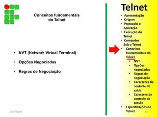 • NVT (Network Virtual Terminal)
• Opções Negociadas
• Regras de Negociação
20/07/2014 12
Conceitos fundamentais
do Telnet
Telnet
• Apresentação
• Origem
• Protocolo e
Aplicação
• Execução do
Telnet
• Comandos
Sob o Telnet
• Conceitos
fundamentais do
Telnet
• NVT
• Opções
negociadas
• Regras de
negociação
• Caracteres de
controle de
saída
• Caractere de
controle de
sessão
• Especificações do
Telnet
 