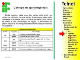 20/07/2014 19
A negociação de opções Telnet
Pedido Resposta Interpretação
DO
WILL O emissor começa utilizando a opção
WONT O emissor não deve utilizar a opção
WILL
DO
O emissor começa utilizando a opção, após ter enviado
DO
DON’T O emissor não deve utilizar a opção
DON’T WON’T O emissor assinala que desativou a opção
WONT DON’T O emissor assinala que o emissor deve desativar a opção
Desta maneira, cada uma das partes pode emitir um
pedido de utilização de uma opção. A outra parte deve então
responder se aceita ou não a utilização da opção. Se o pedido
se refere a uma desativação de opção, o destinatário do
pedido não deve recusar para ser totalmente compatível com o
modelo NVT.
O princípio das opções Negociadas
Telnet
• Apresentação
• Origem
• Protocolo e
Aplicação
• Execução do
Telnet
• Comandos
Sob o Telnet
• Conceitos
fundamentais do
Telnet
• NVT
• Opções
negociadas
• Regras de
negociação
• Caracteres de
controle de
saída
• Caractere de
controle de
sessão
• Especificações do
Telnet
 