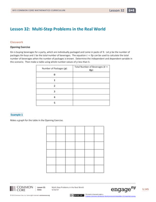 Lesson 32: Multi-Step Problems in the Real World
Date: 5/16/14 S.145
145
© 2013 Common Core, Inc. Some rights reserved. commoncore.org
This work is licensed under a
Creative Commons Attribution-NonCommercial-ShareAlike 3.0 Unported License.
NYS COMMON CORE MATHEMATICS CURRICULUM 6•4Lesson 32
Lesson 32: Multi-Step Problems in the Real World
Classwork
Opening Exercise
Xin is buying beverages for a party, which are individually packaged and come in packs of 8. Let 𝑝 be the number of
packages Xin buys and 𝑡 be the total number of beverages. The equation 𝑡 = 8𝑝 can be used to calculate the total
number of beverages when the number of packages is known. Determine the independent and dependent variable in
this scenario. Then make a table using whole number values of 𝑝 less than 6.
Number of Packages (𝒑)
Total Number of Beverages (𝒕 =
𝟖𝒑)
𝟎
𝟏
𝟐
𝟑
𝟒
𝟓
Example 1
Make a graph for the table in the Opening Exercise.
 