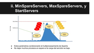 ii. MinSpareServers, MaxSpareServers, y
StartServers
● Estos parámetros condicionarán el multiprocesamiento de Apache
● No dejar muchos procesos en espera si la carga del servidor es baja.
 