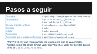Pasos a seguir
[1] PREFIX hay que reemplazarlo por la ruta en la que se va a instalar
Apache. Si no especifica ningún valor en PREFIX, el valor por defecto que se
toma es /usr/local/apache2
 
