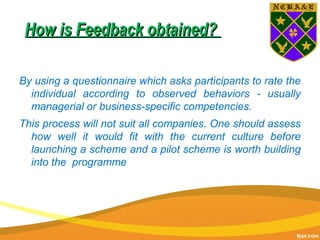 How is Feedback obtained?How is Feedback obtained?
By using a questionnaire which asks participants to rate the
individual according to observed behaviors - usually
managerial or business-specific competencies.
This process will not suit all companies. One should assess
how well it would fit with the current culture before
launching a scheme and a pilot scheme is worth building
into the programme
 