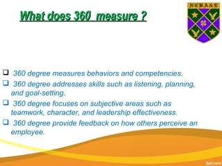What does 360 measure ?̊What does 360 measure ?̊
 360 degree measures behaviors and competencies.
 360 degree addresses skills such as listening, planning,
and goal-setting.
 360 degree focuses on subjective areas such as
teamwork, character, and leadership effectiveness.
 360 degree provide feedback on how others perceive an
employee.
 