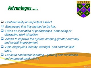 Advantages…..Advantages…..
 Confidentiality an important aspect.
 Employees find this method to be fair.
 Gives an indication of performance enhancing or
distracting work situation.
 Allows to improve the system creating greater harmony
and overall improvement.
 Help employees identify strenght and address skill
gaps.
 Lends to continuous learning , growing self confidence
and improved productivity.
 
