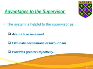Advantages to the Supervisor
• The system is helpful to the supervisor as :
 Accurate assessment.
 Eliminate accusations of favouritism.
 Provides greater Objectivity.
 