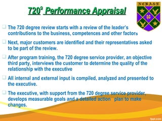 720720oo
Performance AppraisalPerformance Appraisal
 The 720 degree review starts with a review of the leader’s
contributions to the business, competences and other factors
 Next, major customers are identified and their representatives asked
to be part of the review. 
 After program training, the 720 degree service provider, an objective
third party, interviews the customer to determine the quality of the
relationship with the executive
 All internal and external input is compiled, analyzed and presented to
the executive.
 The executive, with support from the 720 degree service provider,
develops measurable goals and a detailed action  plan to make
changes. 
 