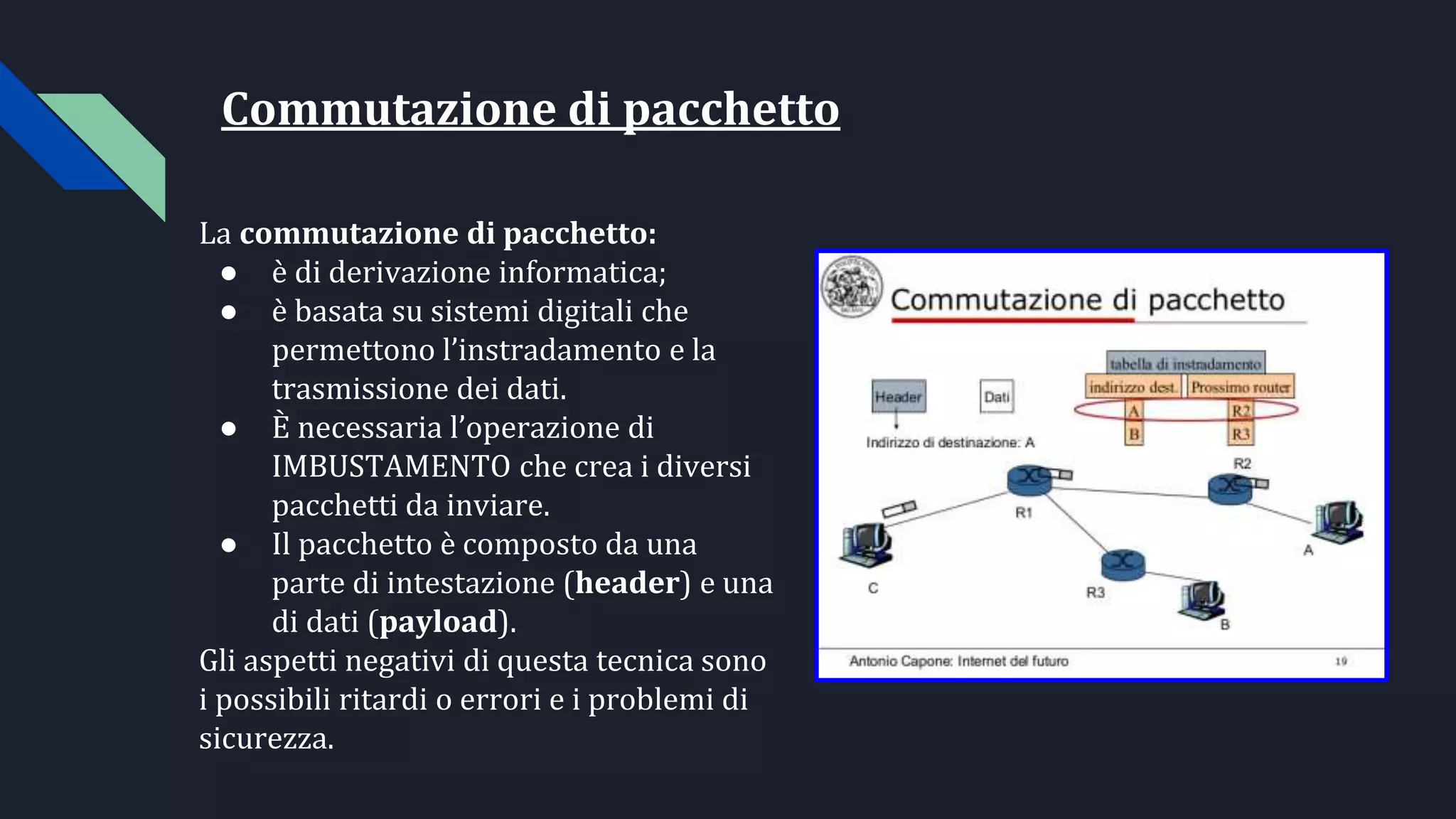 Commutazione di pacchetto
La commutazione di pacchetto:
● è di derivazione informatica;
● è basata su sistemi digitali che
permettono l’instradamento e la
trasmissione dei dati.
● È necessaria l’operazione di
IMBUSTAMENTO che crea i diversi
pacchetti da inviare.
● Il pacchetto è composto da una
parte di intestazione (header) e una
di dati (payload).
Gli aspetti negativi di questa tecnica sono
i possibili ritardi o errori e i problemi di
sicurezza.
 