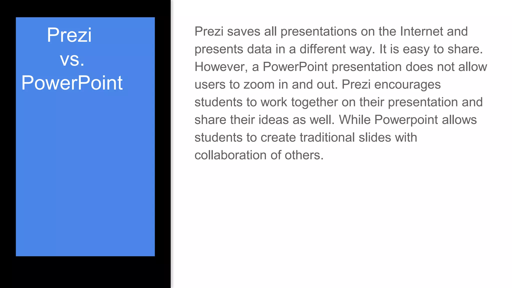 Prezi
vs.
PowerPoint
Prezi saves all presentations on the Internet and
presents data in a different way. It is easy to share.
However, a PowerPoint presentation does not allow
users to zoom in and out. Prezi encourages
students to work together on their presentation and
share their ideas as well. While Powerpoint allows
students to create traditional slides with
collaboration of others.
 