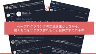 ここがすごいぞvvvv.js
そもそもWebブラウザでCG作るのがかなり高度な技術
● p5.js
● d3.js
● WebGL
色々あるけど、ゴリゴリ書くのはすごく大変
vvvvプログラミングの知識を生かしながら、
動くものをサクサク作れること自体がすでに革命
 