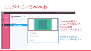 ここがすごいぞvvvv.js
Reactで作成した
Cardコンポーネント
Thumbnail部分は
vvvv.jsで作成された
Canvas要素
＝CGアニメーション
 