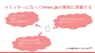 コミッタ―になってvvvv.jsの開発に貢献する
🤘
リポジトリを
forkして、
手元で改修する？
できればリポジトリは
離したくない…
でも日本のvvvv勢で
改修していくのも楽し
そう。。。
いい知恵お待ちしております😇
 