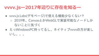 vvvv.jsー2017年辺りに存在を知るー
● vvvv.js Labs(デモページ)で使える機能少なくない？
○ 2019年、CanvasとかWebGLで実装可能なノードしか
ないことに気づく
● えっWindowsPC持ってるし、ネイティブvvvvの方が楽し
いし。。。
 