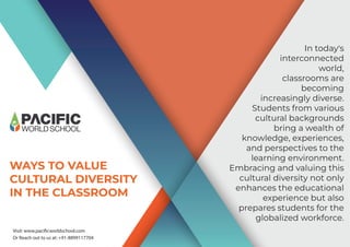 WAYS TO VALUE
CULTURAL DIVERSITY
IN THE CLASSROOM
In today's
interconnected
world,
classrooms are
becoming
increasingly diverse.
Students from various
cultural backgrounds
bring a wealth of
knowledge, experiences,
and perspectives to the
learning environment.
Embracing and valuing this
cultural diversity not only
enhances the educational
experience but also
prepares students for the
globalized workforce.
 